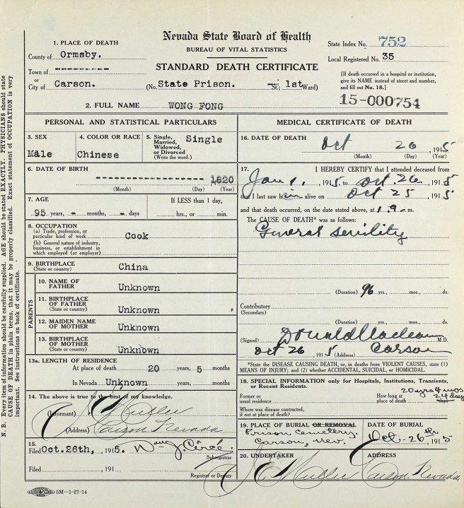 Wong Fong death cert
