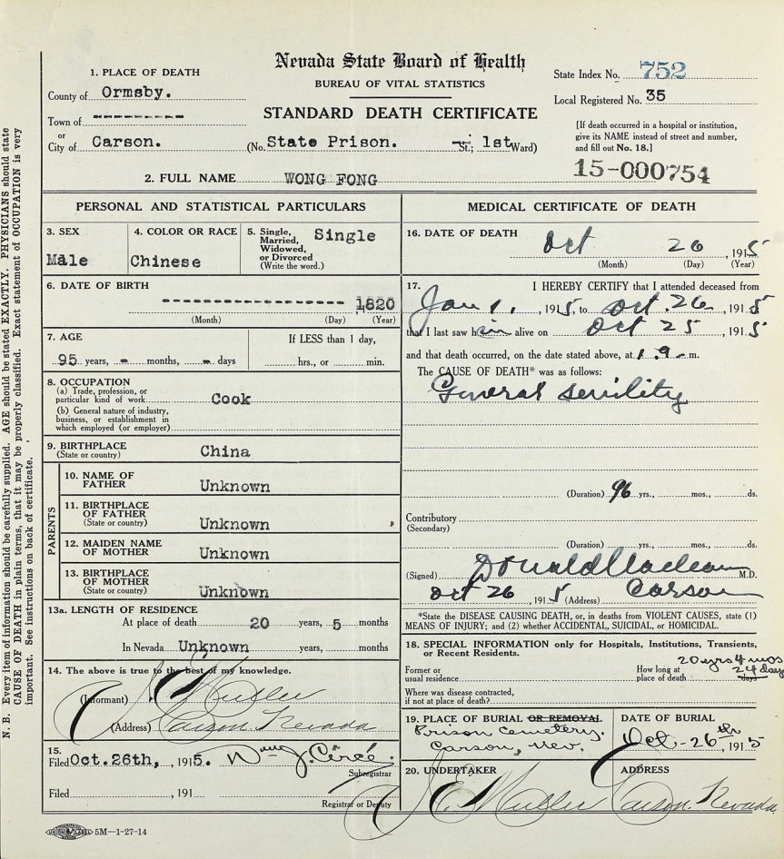 Wong Fong death cert